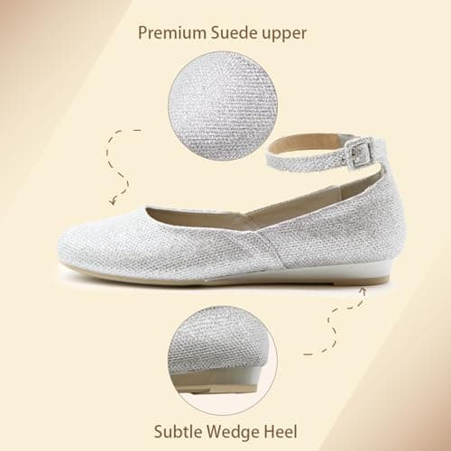 unsylvion Women's Ballet Low Wedge Flats with Round Toe and Ankle Strap Stylish Comfortable Casual Shoes for Work,Office,Business Silver - Thumbnail 3