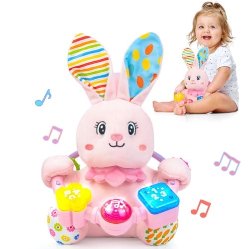 Baby Rabbit Musical Stuffed Animals Toy,Infant Bunny Bilingual Early Learning Education Toy with Light-Up Music & Crinkle,1st Easter Basket Shower Stuffers for 0 1 2 3 6 9 12 18 Month Girl,Pink - Image 1