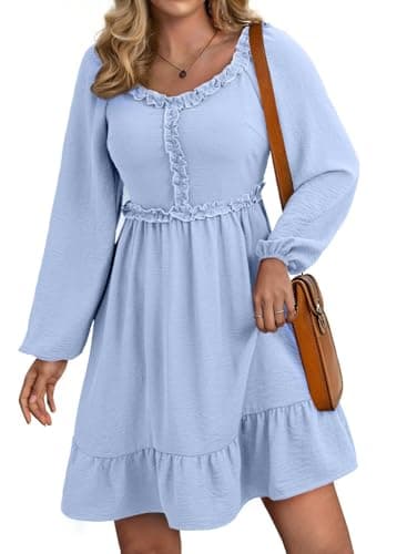 Dokotoo Womens Fall Dresses Smocked Sweetheart Neck Long Sleeve Elegant Empire Waist Ruffled Trim A-line Mini Dress Flowy Dresses Sky Blue X-Large - Image 1