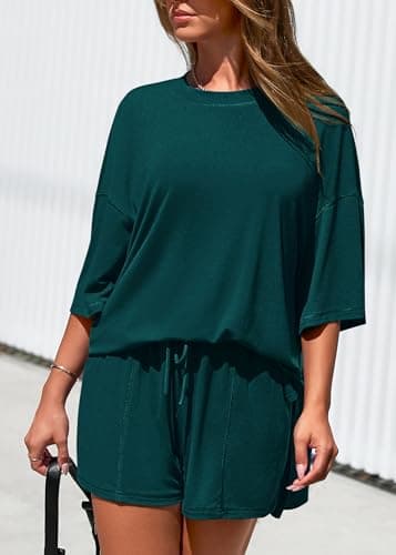 KIRUNDO 2 Piece Sets for Women Summer Lounge Sets Casual Oversized Tshirts Shorts Matching Airport Travel Outfits Postpartum(Peacock Green, X-Large) - Thumbnail 6