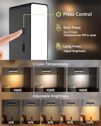 iThird Rechargeable Battery Operated Wall Sconce Set of 2: Wireless Black Wall Lights Battery Powered Magnetic 360° Rotation Cordless Scone Adhesive LED Wall Mount Lamp for Bedroom Reading Picture RV - Thumbnail 5