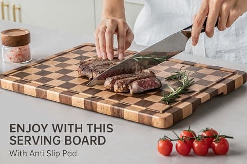 THETCHRY Cutting Boards for Kitchen, Checkered Cutting Board Upgraded, Acacia Wood Chopping Board with Juice Grooves & Handles, Large Butcher Block Serving Tray with Gift Box, 17"X12"X0.8" - Thumbnail 5