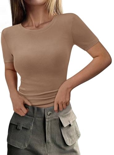 PRETTYGARDEN Women Going Out Top 2026 Slim Fit Crew Neck Ribbed Knit Fashion Basic Tee Shirts Summer Short Sleeve Tops (Light Khaki,Large) - Image 1