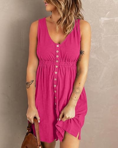 BTFBM Women Sleeveless Summer Dress 2025 Crewneck Ribbed Knit Ruffle Swing Button Down Beach Sun Mini Tank Short Dresses(Buttons Rose Red, Medium) - Thumbnail 3