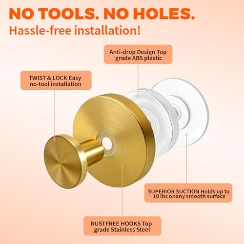 4 Pack 2026 Brushed Gold Suction Cup Hooks for Shower - No Drill Decorative Hooks Hold Towels & Wreaths on Glass Door & Bathroom Mirror - Heavy Duty Waterproof - Thumbnail 6