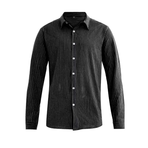 BAYAMO Men's Button-Down Striped Shirts Casual Long Sleeve Cotton Linen Collared Shirts Fashion Business Dress Shirt Black L - Thumbnail 3