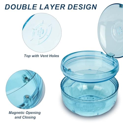 ACSKD Retainer Cleaning Case,Portable No-Leak Denture Cup Case with Dentures Brush Kit, Travel Retainer Cases with Vent Holes for Clear Aligner,Mouth Guards,Night Guard,Dentures (Blue) - Thumbnail 4