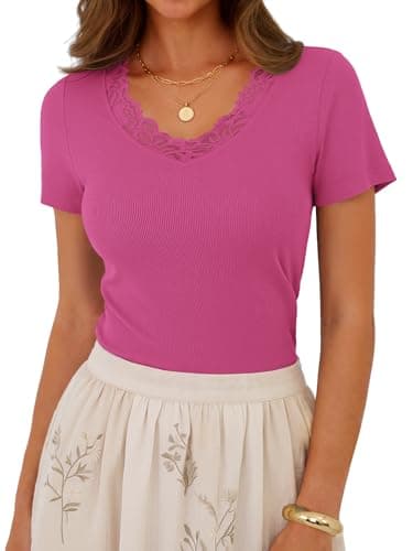 GKBK Women's Short Sleeve Cute Y2k Hot Pink Top V Neck Lace Tops Basic Tees Ribbed Fitted Shirts Going Out Summer Trending Fashion Clothes M - Thumbnail 2