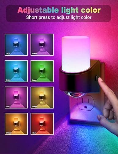 JandCase LED Night Lights Plug into Wall, Color Changing Night Light with Dusk to Dawn Light Sensor, RGB Night Light for Kids, Color LED Nightlight for Bedroom Bathroom Kids Room - Thumbnail 2