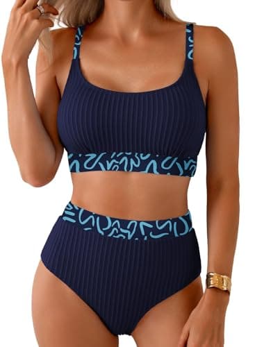 Herseas Women's Textured Sporty Bikini Sets Floral Trim Scoop Two Piece Swimsuits High Waisted Moderate Coverage Bathing Suit Trendy 2026 Swimming Pool Beach Vacation Clothes Coffee XX-Large - Image 1