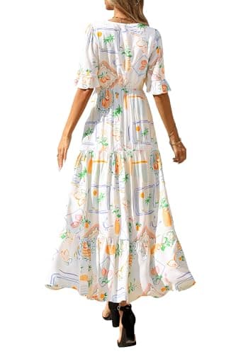 BTFBM Womens Summer Dresses 2026 Spring Casual Short Sleeve v Neck Boho Floral Flowy A-Line Tiered Maxi Dress Pockets(Floral White Multi, Medium) - Thumbnail 3