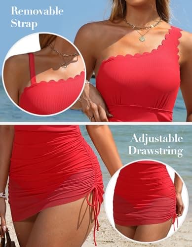 Charmo Swim Suits for Women Swim Dresses Bottom Slimming One Piece Swimsuit Women Mesh One Shoulder Bathing Suit Red XL - Thumbnail 4