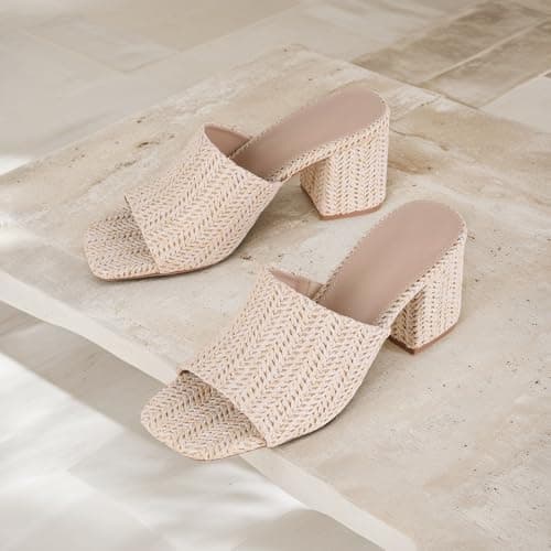 Ancomafio Women's Heeled Sandals Raffia Sandals Square Open Toe Heels Backless Mules Slip On Block Heels Beige Size 8.5 - Thumbnail 5