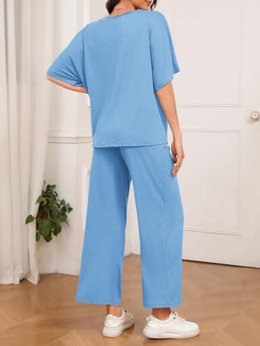 Tankaneo Womens Maternity Pajamas 2 Piece Lounge Set Soft Short Sleeve V Neck T-shirt Cropped Pants Pregnancy Loungewear, Sky Blue, Medium - Thumbnail 4