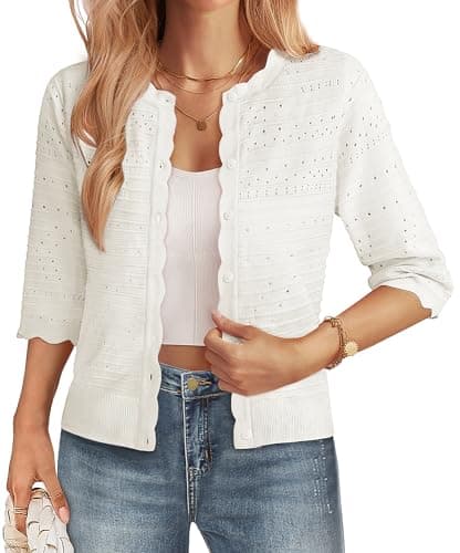 GRACE KARIN Cardigan Sweaters for Women White 3/4 Short Sleeve Lightweight Summer Cardigan Cropped Spring Fashion Clothing L - Image 1
