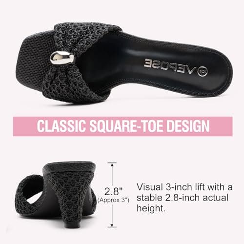 Vepose Women's Woven Ring Charm Mule Heels Square Open Toe Sandals - Thumbnail 4