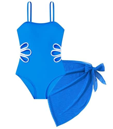 Cuddomper Girls Swimsuit Blue Cut Out One Piece Bathing Suit Adjustable Straps Swimwear with Cover Up Skirt Vacation Beach Size 9-10