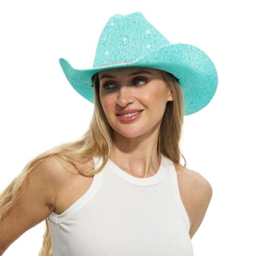 Sequin Cowboy Hat for Men & Women – Sparkly Cowgirl Hat with Thread Detail, Stylish Cowboy Hat Men Love for Parties, Festivals & Western Outfits - Lake Blue - Image 1