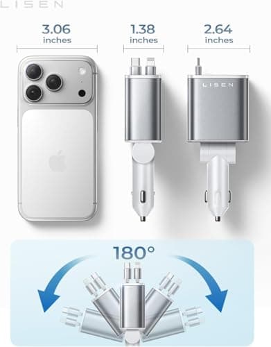 LISEN Retractable Car Charger for iPhone, for iPhone 17 Pro Max 16 15 14 13 12 Plus Mini, Cute 4 in 1 Retractable USB C Car Charger Fast Chareg for Women Men, 84W Fast Charging Car Accessorie - Thumbnail 5