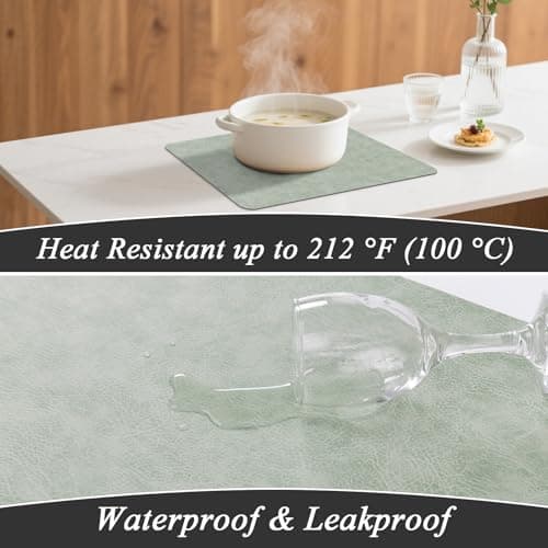 SHACOS Faux Cowhide Leather Placemats Set of 4, Wipeable Heat Resistant Table Mats, Stain Resistant Double Sided Reversible PU Place Mats for Dining Table Kitchen Restaurants, Green and Ivory - Thumbnail 6