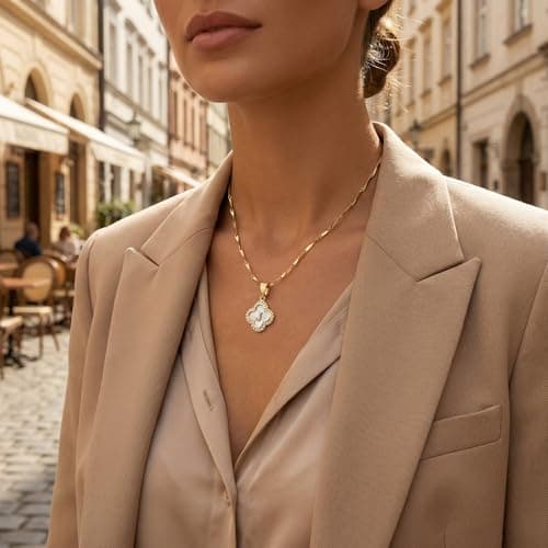 LETFLY Four Leaf Clover Initial Necklaces for Women, 14K Gold Plated Natural Shells Clover Letter Pendant, Alphabets J Necklace Jewelry Gifts for Women - Thumbnail 3