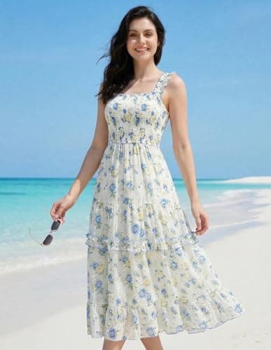 Scarlet Darkness Floral Dress for Women 2026 Flowy Sundress Smocked Cottagecore Dresses Yellow Blue XL - Thumbnail 6