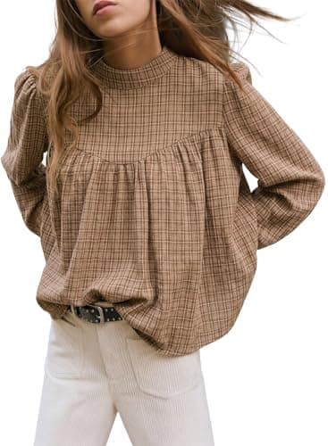 Astylish Women's Long Sleeve Gingham Tops Mock Neck Plaid Babydoll Tops 2026 Loose Flowy Blouses Shirts Light Brown Small - Image 1