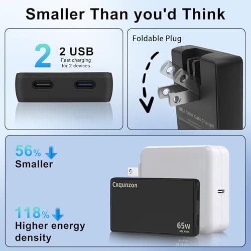 65W USB C Charger Flat, Slim GaN Compact Fast PPS Wall Charger for Nintendo Switch 2,Steam Deck, ROG Ally,iPhone 17/16/15/14, MacBook Air, iPad Pro (Black-(1xUSBA,1xUSBC)) - Thumbnail 6