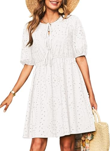 Dokotoo White Dress Women 2026 Fashion V Neck Embroidered Summer Dress Elegant Hollow Out Eyelet Tie Front Cotton Dress Short Sleeve Casual A Line Mini Dresses X-Large - Image 1