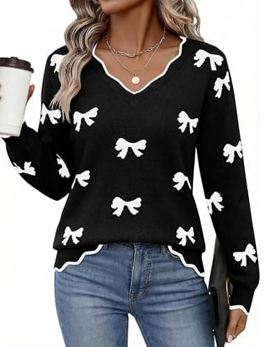 LaGracia Womens Fall V Neck Sweater 2026 Lightweight Casual Long Sleeve Ribbed Knit Pullover Sweaters Dressy Fall Outfits Black-Bow S - Image 1