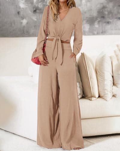 PRETTYGARDEN Women's 2 Piece Outfits 2025 Fall Fashion V Neck Long Sleeve Strappy Crop Top Wide Leg Pant Lounge Sets(Khaki,Large) - Thumbnail 3