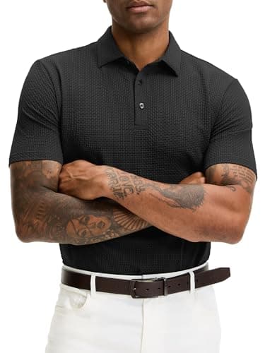 JEMLDL Men's Golf Polo Shirts Wrinkle Free Stretch Business Polo Shirts Collared Short Sleeve Shirts Black 3XL - Image 1