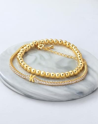 14K Gold Plated Bracelets for Women Dainty Tennis Initial Bracelet Trendy Beaded Stackable Charm Bracelets Layered Waterproof Bracelet Dainty Bracelet for Women Jewelry Gifts （H - Thumbnail 6