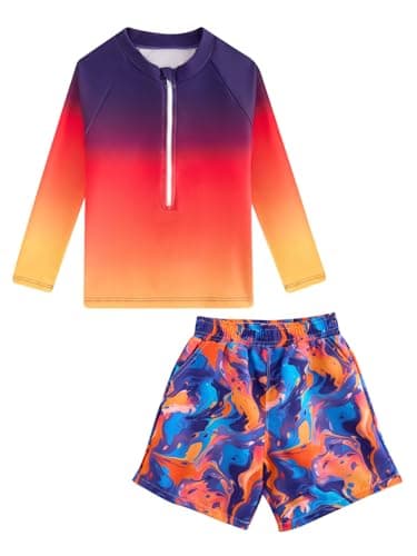Boys Rash Guard Swimsuits 2 Piece Swim Set Zipper Long Sleeve Bathing Suit with Swim Trunks Purple Red 11-12 Years - Image 1