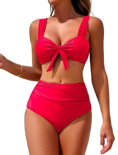 ZAFUL Women Two Piece Swimsuits High Waisted Bikini Set for Teens Tummy Control Full Coverage Ruched Tie Knot Modest Bathing Suits Red M - Image 1