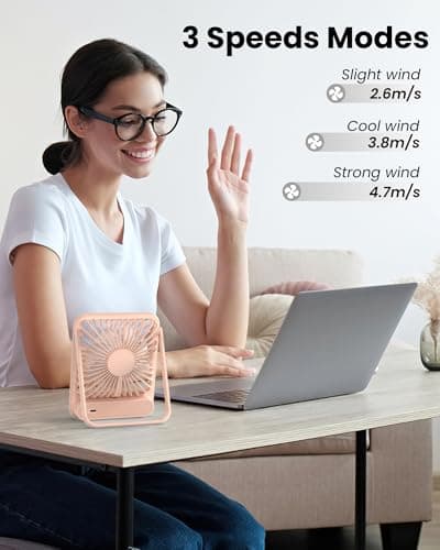 Koonie Desk Fan, Ultra Quiet 2.5-11h Battery Operated Small USB Fan with Strong Wind, 180° Tilt Folding and 3 Speeds Adjustable, Battery Powered Mini Personal Fan for Office Bedroom Desktop Pink - Thumbnail 6