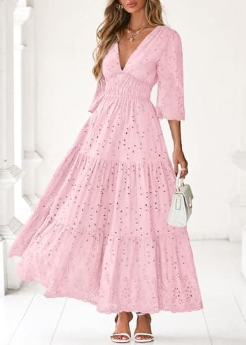 Lazysmile Long Sleeve Dresses for Women V Neck Hollow Out Eyelet Ruffle Swing A-Line Fall Vacation Boho Maxi Dress Pink - Thumbnail 5