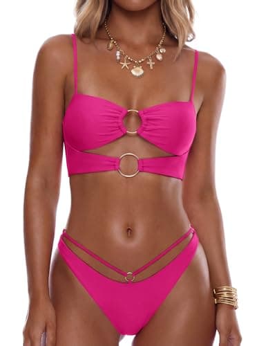 ANRABESS Bikini Sets for Women Summer Sexy Double Loop Cheeky Thong Bathing Suits Beach Vacation Swimwear Hot Pink X-Large - Image 1