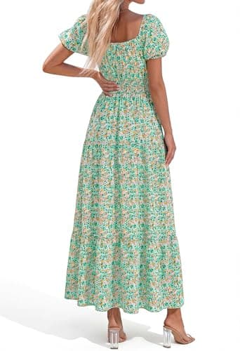 BTFBM Summer Dress for Women 2026 Spring Floral Short Sleeve Casual Flowy A-Line Smocked Tiered Maxi Dresses Pockets(Floral Green, X-Large) - Thumbnail 3