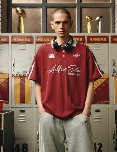 Aelfric Eden Mens Vintage Letter Polo Tee Oversized Button Collar Graphic Patchwork T Shirt Short Sleeve Summer Tops - Thumbnail 3