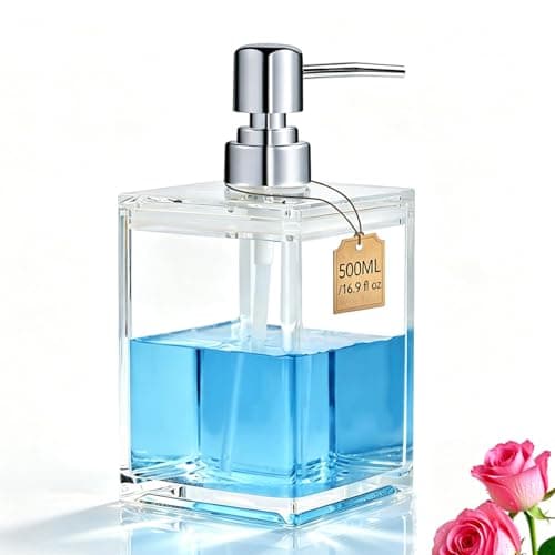 Acrylic Clear Soap Dispenser with Rust Proof Pump- 16.9 oz Square Hand Dish Soap Dispenser for Bathroom Kitchen, Modern Refillable Plastic Liquid Hand Soap Dispenser, Shampoo Detergent Bottle