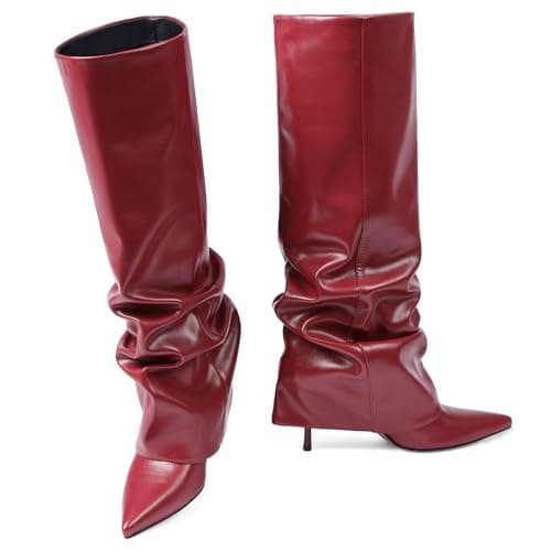 COMFITORIA Womens Knee High Boots, Fold Over Shark Boots Stiletto Heels Slouchy Long Boot Pointed Toe Thigh High Dress Shoes Sexy Fashion Tall Boot for Women with Zipper - Thumbnail 4