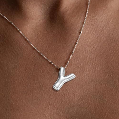 BOLAGTIER Bubble Letter Necklace Gold Plated Balloon Initial Chunky Bubble Alphabet Pendant Necklace Trendy Jewelry Gift for Women (Y, Silver) - Thumbnail 2