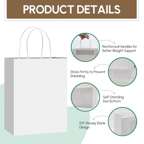 Qioxiou 60 Pack White Gift Bags 8.27x4.33x10.63 Medium Kraft Paper Gift Bags with Handles Bulk, White Paper Sacks for Wedding Birthday Party Favor, Retail, Merchandise, Grocery, Shopping, Business - Thumbnail 3