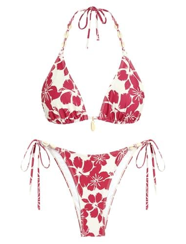 ZAFUL Red Floral Cheeky Bikini Sets for Women Two Piece Bathing Suits Brazilian High Cut String Triangle Bikini Swimsuit for Vacation, X-Large - Thumbnail 4
