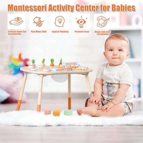 Wooden Activity Table for 1 Year Old Toddlers Sensory Table Activity Center 1-3 2 Baby Activity Table Kids Gift Game Wooden Montessori Table Shape Sorter Sensory Toys (Length*Height: 17"*11.8") - Thumbnail 5