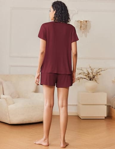 Ekouaer 2 Pack Women's Pajamas Set Soft Ruffle Sleeve Pjs Set Casual V Neck Lounge Set with Pockets,Small,Dark Gray/Deep Red - Thumbnail 3