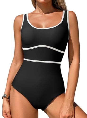 Dokotoo Tummy Control Swimsuits for Women Color Block Slimming Swimwear Sexy Crisscross Lace Up Back Black Swim Suit Full Coverage Sport Swimwear Large - Image 1