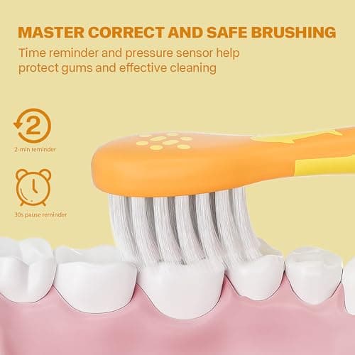 KIWIBIRD Kids Electric Toothbrush for Ages 3–10, Toddler Sonic Toothbrush with 4 Modes & Soft Silicone Bristles, 2-Min Timer Pressure Sensor, 45-Day Rechargeable Battery, Waterproof (Yellow) - Thumbnail 3