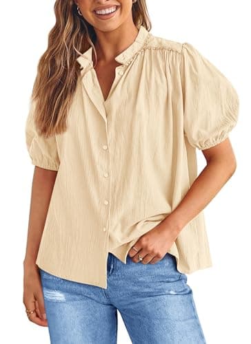 PRETTYGARDEN Women's 2026 Summer Button Down Shirts Short Lantern Sleeve V Neck Cotton Cute Tops Dressy Casual Blouses (Beige,Small) - Image 1